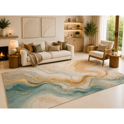 "Ultra Light Weight" Large 6'7" x 9'10"  Teal Cream Marble Waves Area Rug for Living Room, Soft Low Pile Carpet with Non-Slip Silicone Backing, for Bedroom, Dining Area and Office, Teal, made for spacious rooms