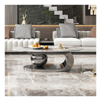 Table basse 49,2 pouces ovale en faux marbre pour salon avec base en acier inoxydable