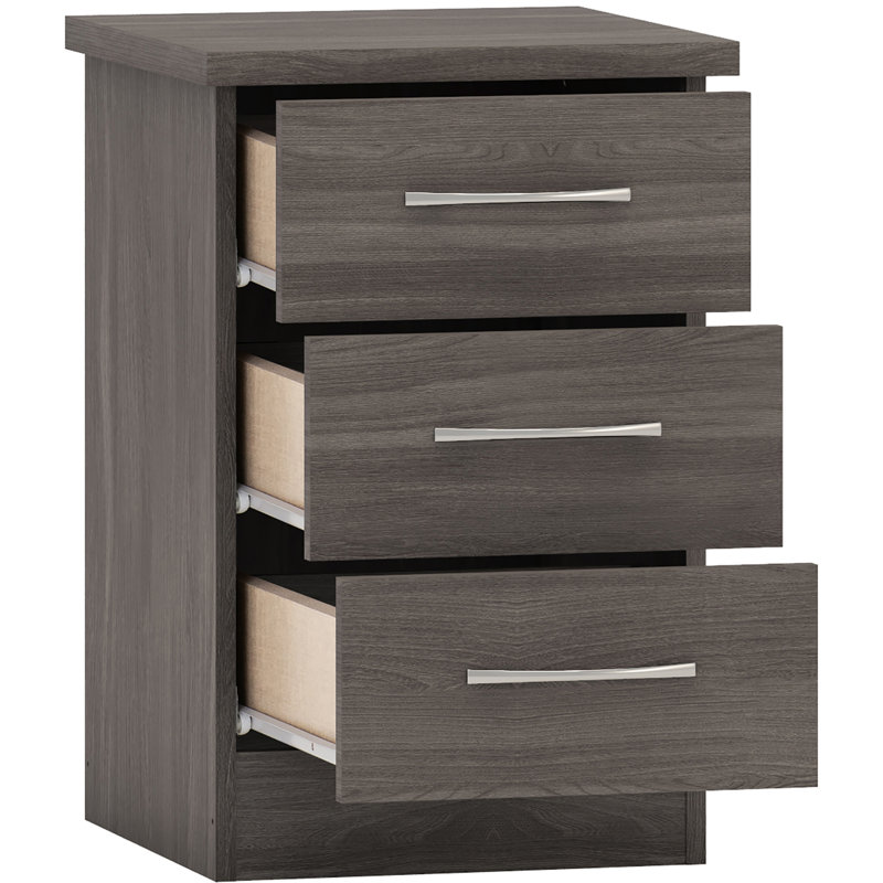 Cascio 3 Drawer Bedside Table, Black Wood Grain