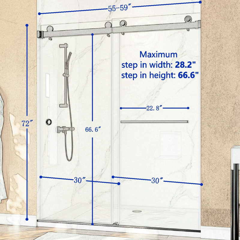 Portes de douche et de baignoire coulissantes élégantes sans cadre, finition dorée brossée, hauteur 72 po, style moderne