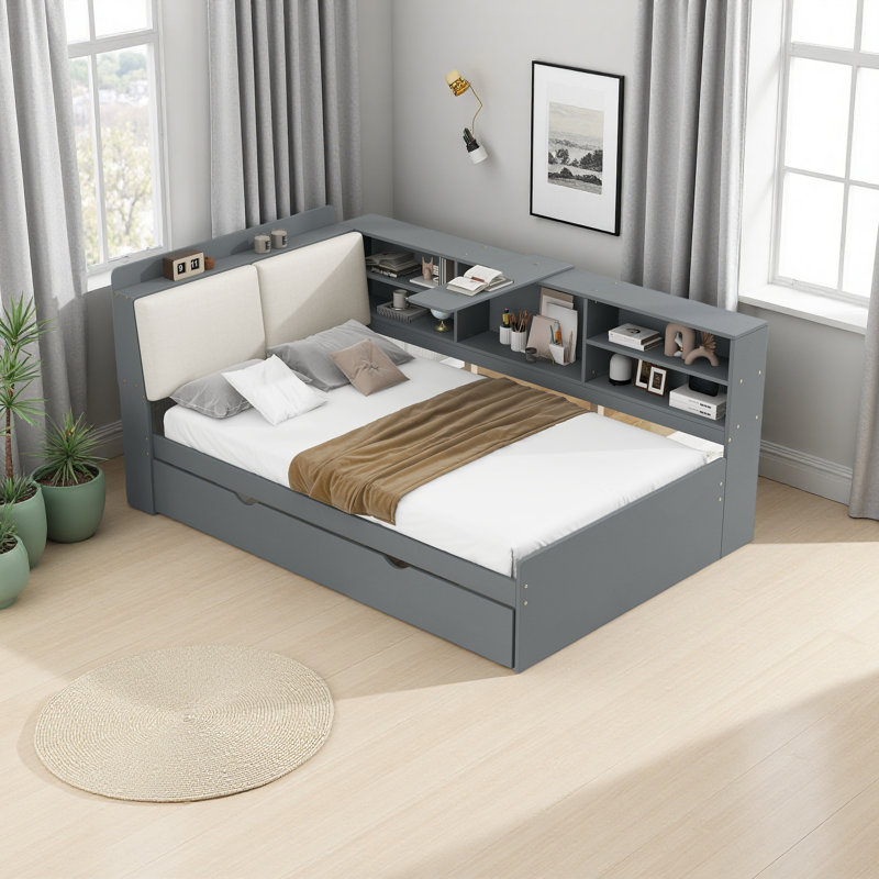 Lit plateforme, tablettes et tête de lit en bois, Gris / Blanc, Lit simple