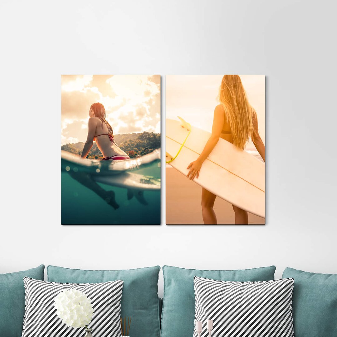 2-tlg. Leinwandbilder-Set - Fotografie „Surfer Woman Sea Beach Surfboard Boy Woman Sporty”