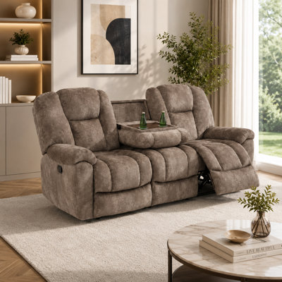 Camillo 83.5" Wide Premium Fabric Manual Reclining Sofa With Fold-Down Table & Cup Holders In Premium Brown Dutch Calico Fabric