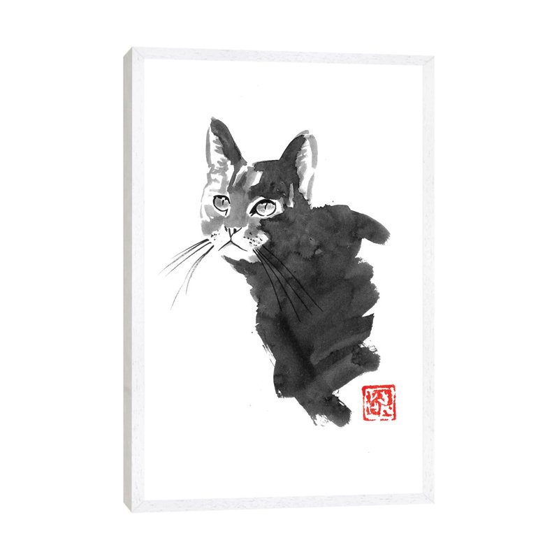 Staring Cat by Péchane - Painting on Canvas, White Framed, 101.6 cm H x 66.04 cm W x 3.175 cm D