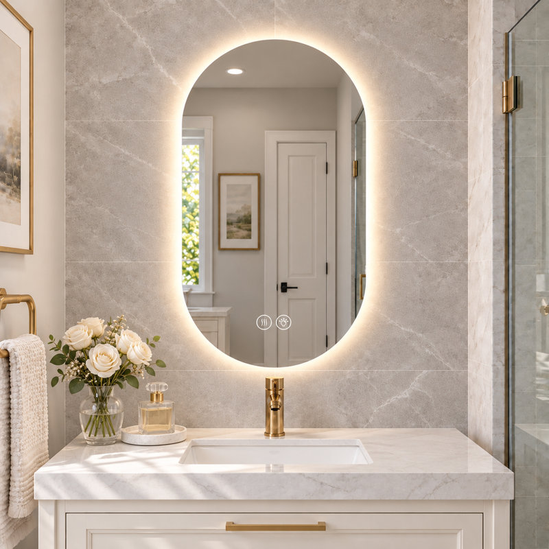 Miroir de salle de bain moderne à DEL avec désembueur, éclairage 3 couleurs à intensité variable et verre incassable