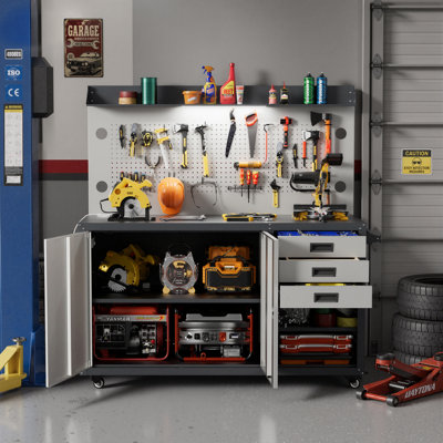 55'' Heavy Duty Rolling Workbench With Pegboard, Led Light & Power Outlet,garage Tool Storage Cabinet With Cabinet,drawers & Anti-slip Work Mat,tool Bench On Wheels For Garage Workshop Repair