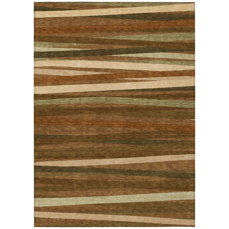 3' X 5' Brown Copper And Beige Striped Washable Indoor Outdoor Area Rug