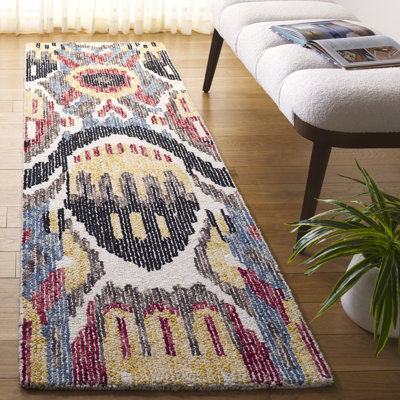 Tapis noir / rouge en laine / coton touffeté à la main Ikat 152