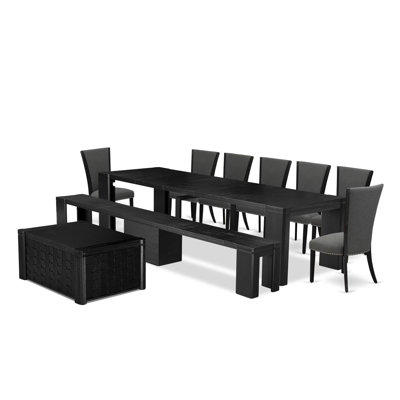 Ensemble de table de salle à manger 10 pièces comprenant une table de cuisine, une table basse, un banc en bois et 7 chaises de salle à manger en tissu de lin gris foncé Gotham, noir brossé