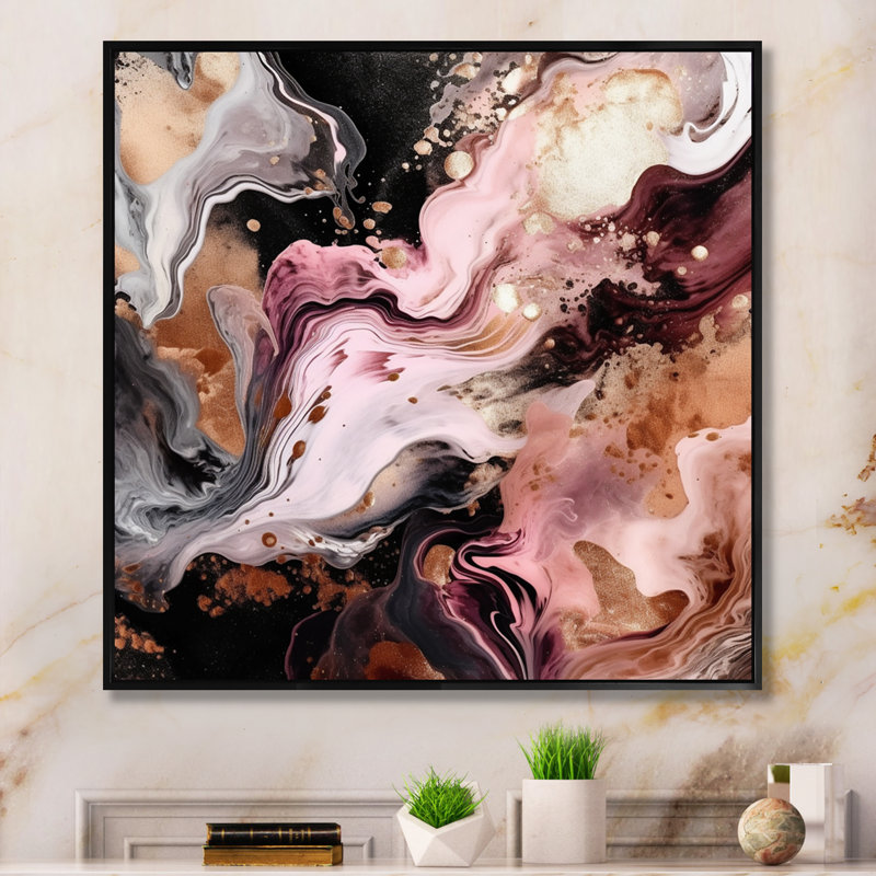 Art mural sur toile abstraite rose et noir I, Cadre flottant noir, H 36 po x l 36 po x P 1,5 po