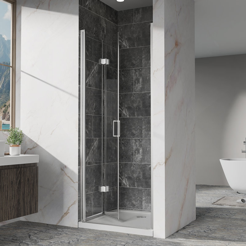 Pivot Shower Doors, 30" W x 72" H Frameless Bi-fold Swing Shower Door,1/4" (6mm) Clear Tempered Glass, Chrome Finish Hardware, Reversible Installation