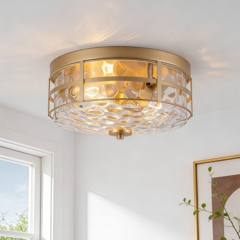 3-Light Flush Mount Ceiling Light With Clear Hammered Glass Shade And Metal, Gold