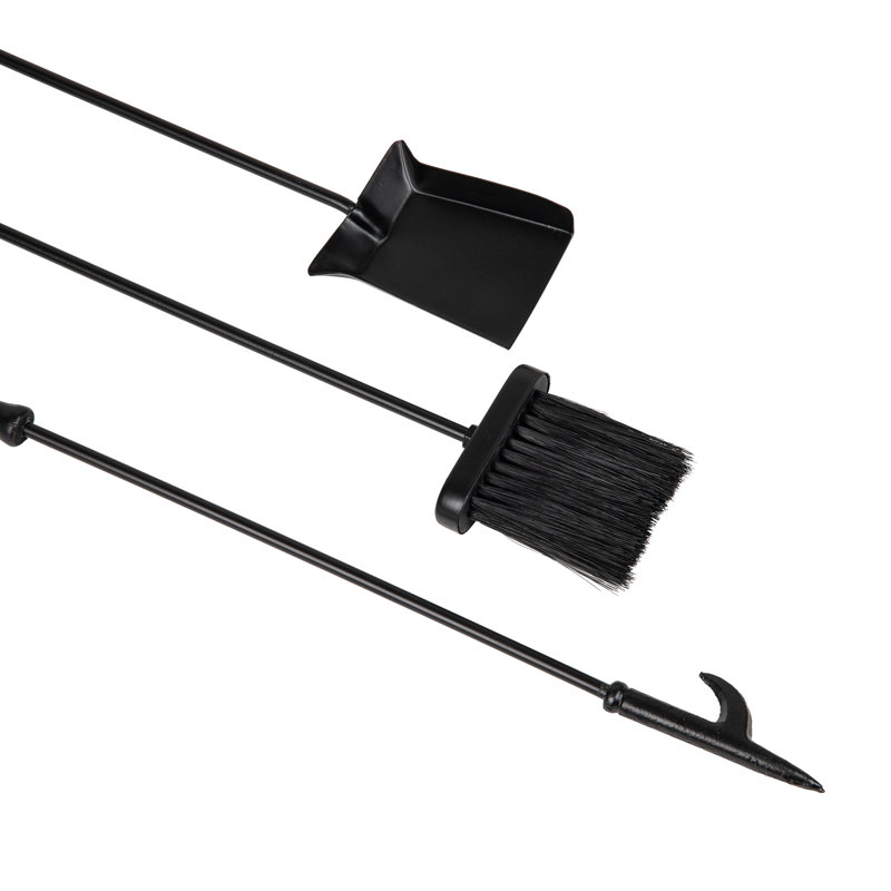 Black Wrought Iron and Steel Fireplace Tool Set with Stand