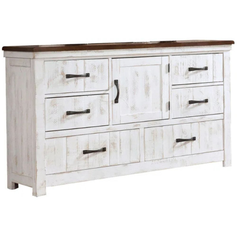 Theodore Transitional Style 6-drawer 59.38 In. Distressed White/walnut Dresser