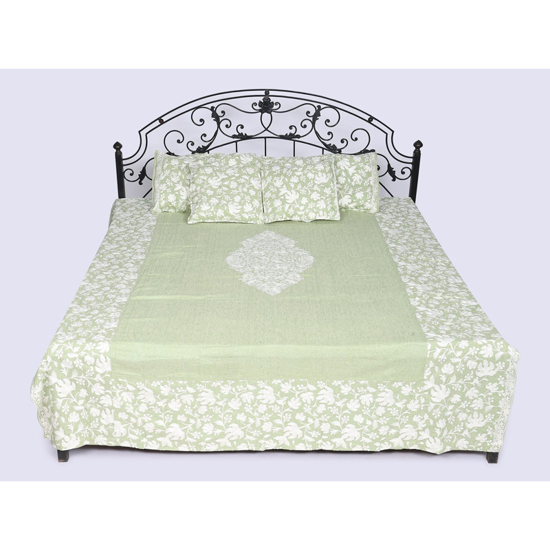 Exotic India Pure Cotton Bedspread Full XL Size with Aari Embroidered And Pillowcases Covers