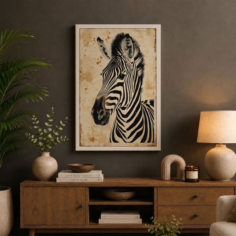 Zebra Study Japandi - Wrapped Canvas, 24x16 - 61.0 x 40.6 cm, Sage Border