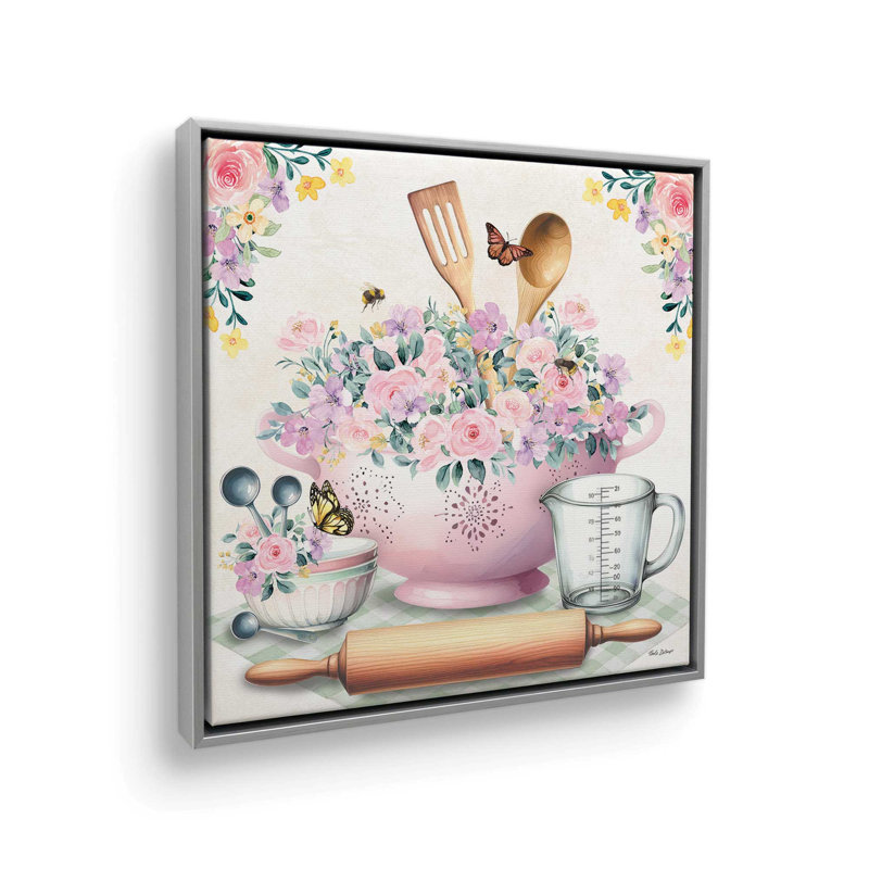 Dans la cuisine, passoire et rouleau à pâtisserie par Nicole DeCamp, reproduction d'art, L 20 po x H 20 po, Argent