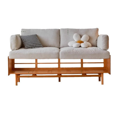 Nordic-style solid cherry wood and fabric sofa—available in single-seat or three-seat options—featuring a warm wood texture and soft seating comfort to create a cozy living room.