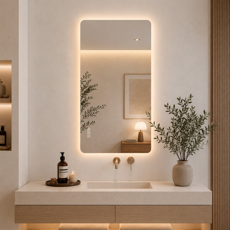 Miroir de salle de bain rectangulaire arrondi de 122 x 61 cm (48 x 24 pouces) avec éclairage DEL rétroéclairé, 3 couleurs à intensité variable, fonction antibuée et mémoire, fixation murale horizontale ou verticale, double alimentation (câblée et sur secteur).