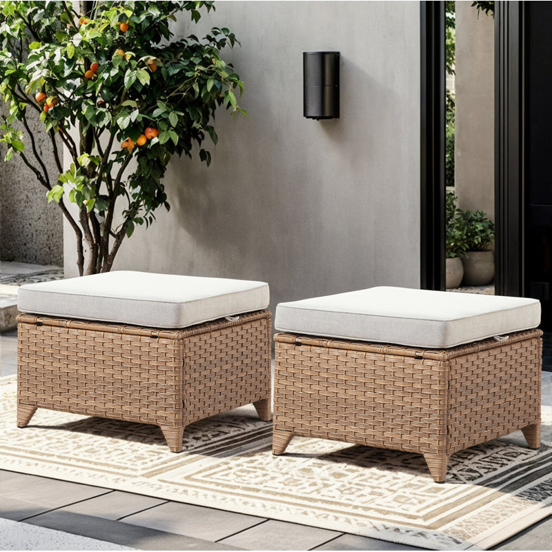 Repose-pieds d'extérieur en osier avec coussins Schutt, Beige, Jaune
