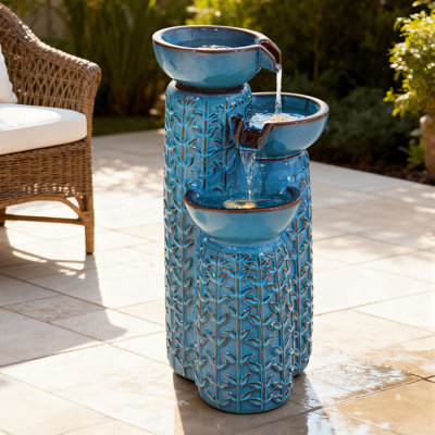 Fontaine d'extérieur en céramique 28 "avec lumières DEL, cascade et bols à motif de feuilles en relief à 3 niveaux en turquoise pour la détente dans le jardin