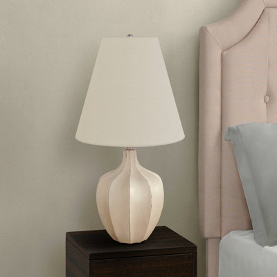 Table Lamp, Ivory Linen Empire Shade, Cream Gourd Shape Body, 21 Inch