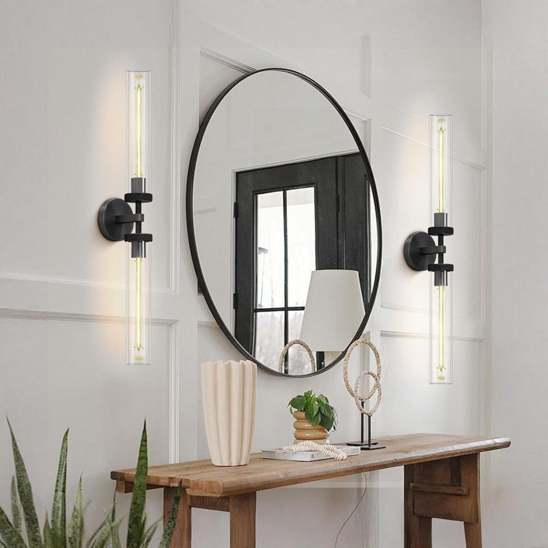 2 - Light 30" Brass Glass Wall Sconces Cylindrical Bathroom Wall Lights, Black