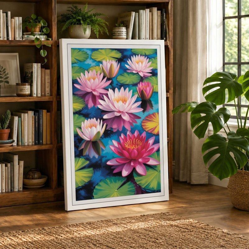 Water Lilies in Bloom Botanical - Wrapped Canvas, 36x24 - 91.4 x 61.0 cm, Terracotta Border