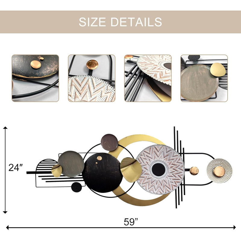 Modern Creative Metal Geometric Circular Decor Wall Art, 59"X24" Large 3D Textured Metal Wall Sculptures, Living Room Bedroom Den Aesthetic Wall Art Decor