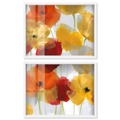 Ensemble de décoration murale florale Mellow Yellow Mist II Shadowbox Print par Art Remedy, cadre blanc, 44 x 33