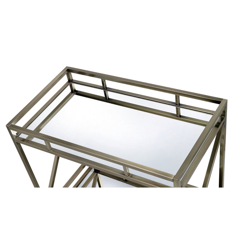 Chariot de service à miroir de 5 mm avec finition dorée antique et tablettes en métal avec compartiment de rangement ouvert