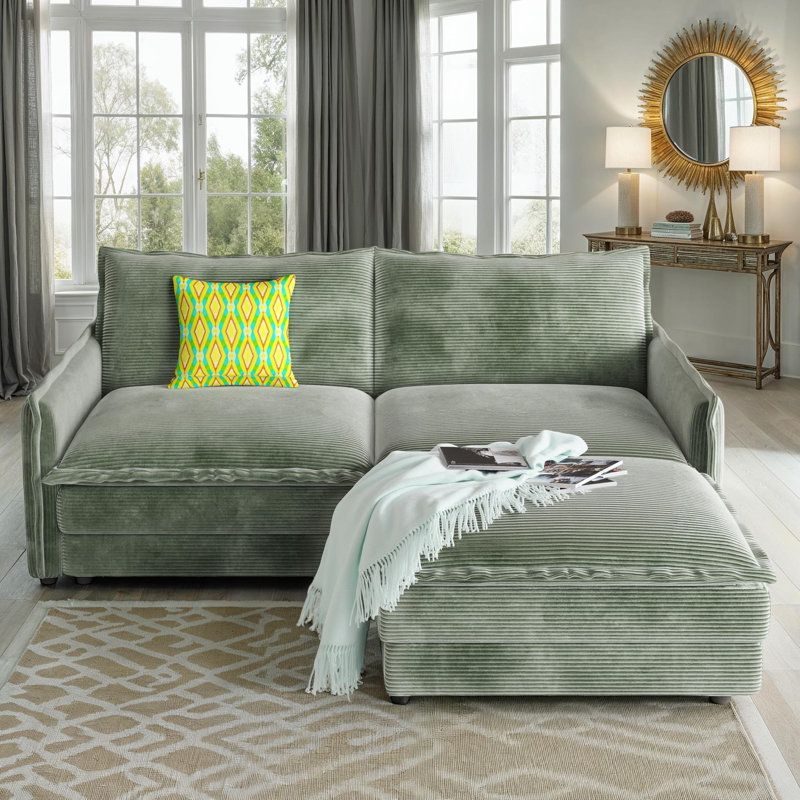 Canapé modulaire en L en velours côtelé 2 places avec 1 repose-pieds, assise profonde et 2 coussins, Vert