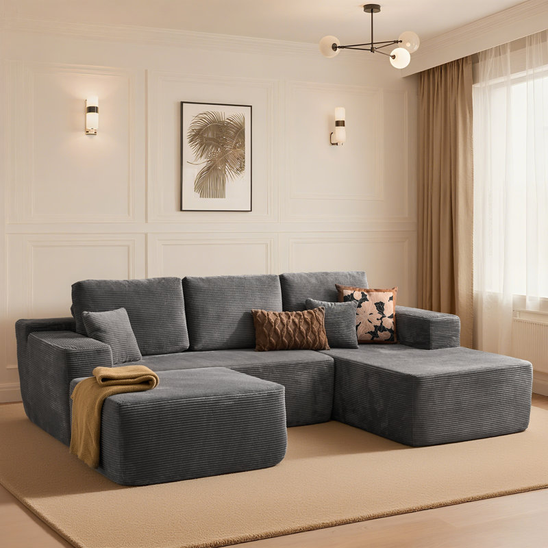 Canapé modulaire en velours côtelé avec repose-pieds 3 pièces Boneless Compression, Orienté à droite, Polyester gris