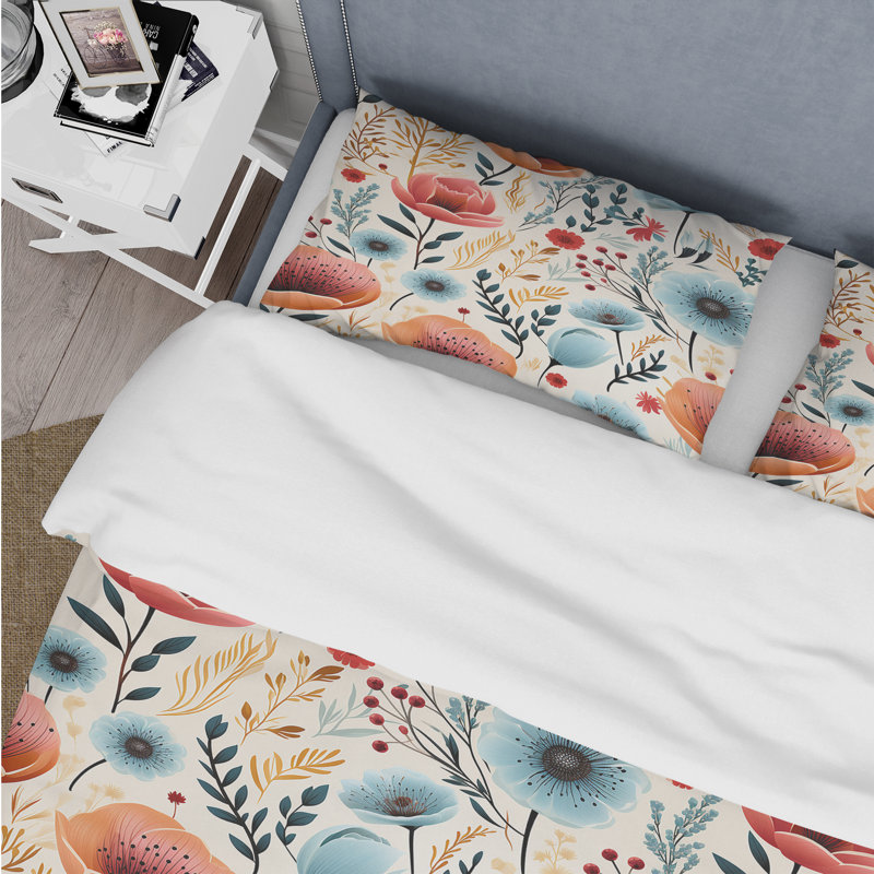 Ensemble de housse de couette Blue and Coral Vintage Poppy Dreams, Housse de couette pour grand lit et 2 taies décor