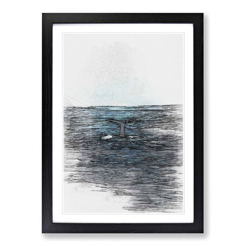 Blue Whale in Abstract - Picture Frame Drawing Print, 87cm H x 62cm W x 2cm D, Black Framed