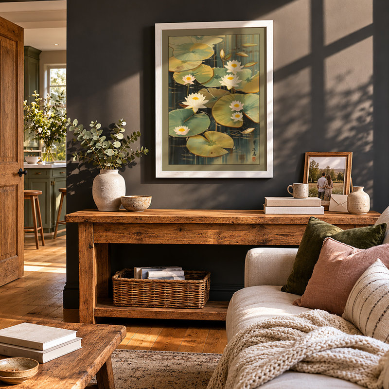 Lotus Pond at Dawn Botanical - Framed Print, A3 - 42.0 x 29.7 cm, White