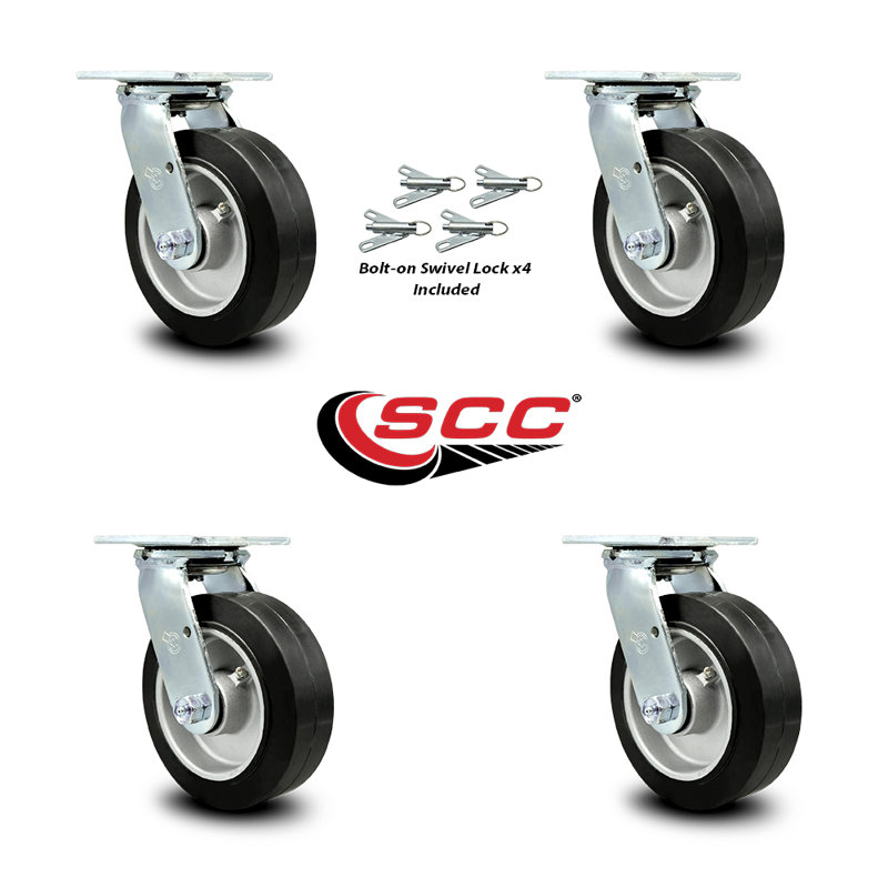 6 Inch Rubber on Aluminum Caster Set with Roller Bearing and Swivel Lock SCC|SCC-30CS620-RAR-BSL-4