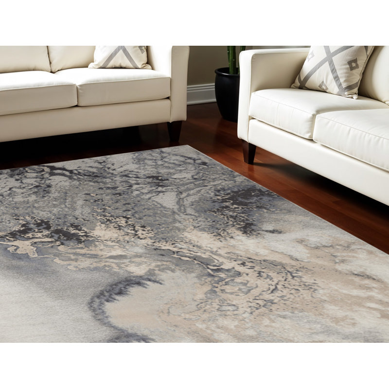Tapis abstrait noir et ivoire 9 pi x 13 pi