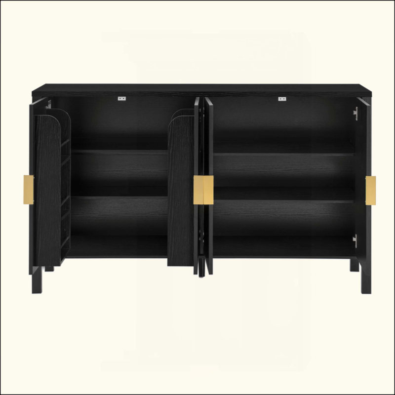 Modern Stripe Door Storage Cabinet, 4-Door Sideboard With Back-Of-Door Storage Racks & Side Hooks, Adjustable Shelves, MDF Cabinet With Aluminum Handles For Living Room, Dining Room