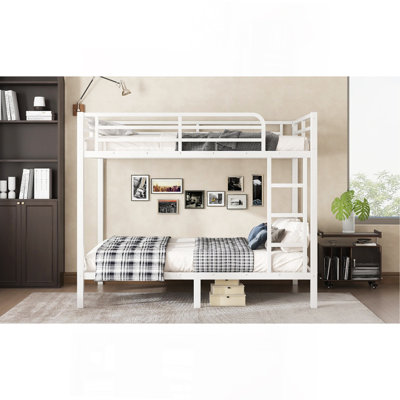 Lit superposé double au-dessus de double en métal pour les adolescents et les adultes, peu encombrant / sans sommier tapissier, blanc