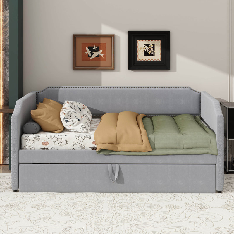 Lit de jour avec couchette escamotable, taille simple, revêtu de velours, Gris