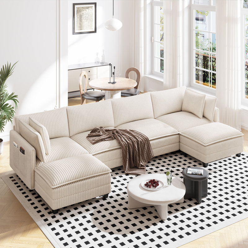 143" U Shaped Cloud Modular Sofa With 2 Ottomans, Gray Corduroy