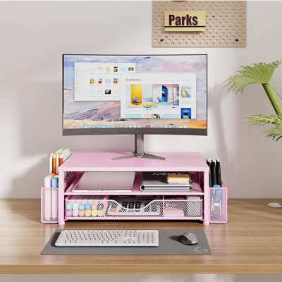 2-tier Pink Monitor Stand Riser With Drawer & Pen Holders