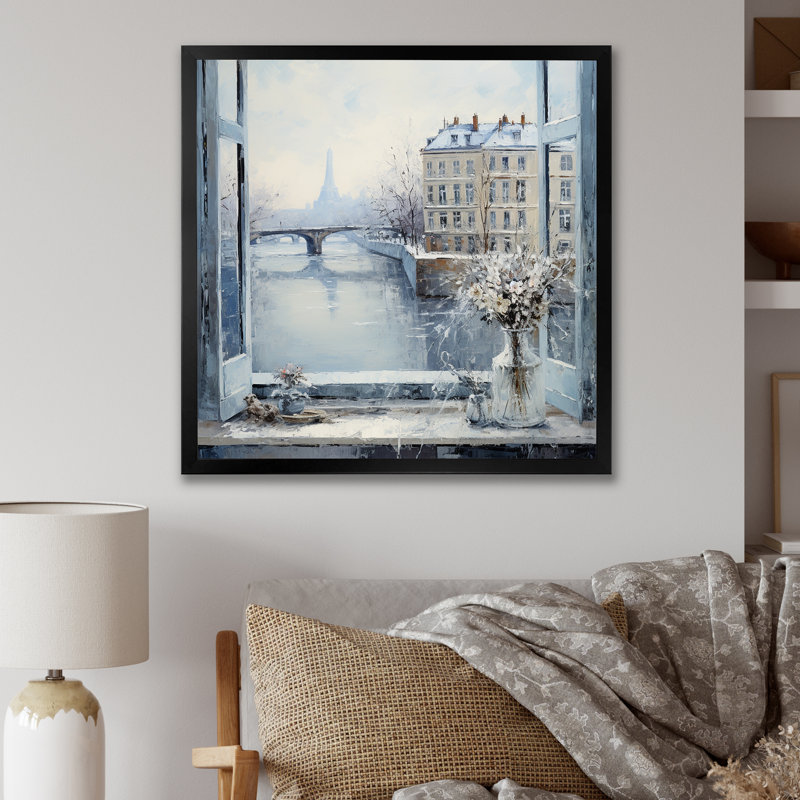 Hiver Paris, Tour Eiffel, ville charmante VI - Art mural de Paris, Cadre simple noir, H 30 po x l 30 po x P 1,5 po