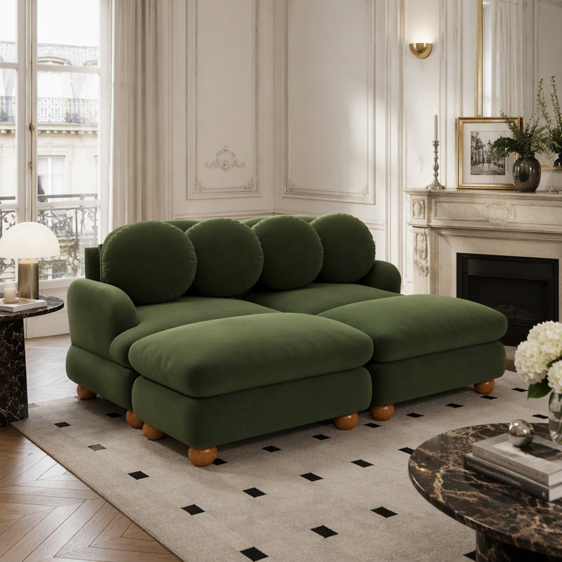 Canapé Comfy en chenille, canapé 4 places profond avec 4 coussins décoratifs, repose-pieds mobile, structure en bois massif pour le salon, la chambre à coucher, vert