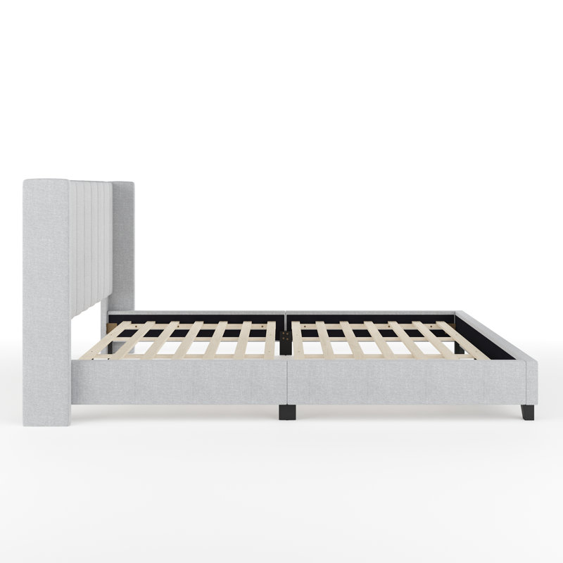Gray King Upholstered Platform Bed with Linen Wingback Headboard