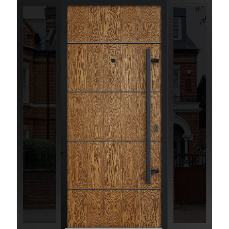 Porte d'entrée extérieure prémontée en acier Deux 6683 Chêne naturel, 2 fenêtres latérales extérieures, imposte/porte d'entrée en métal moderne peinte L12+36+12 x H80 Ouverture à gauche vers l'intérieur