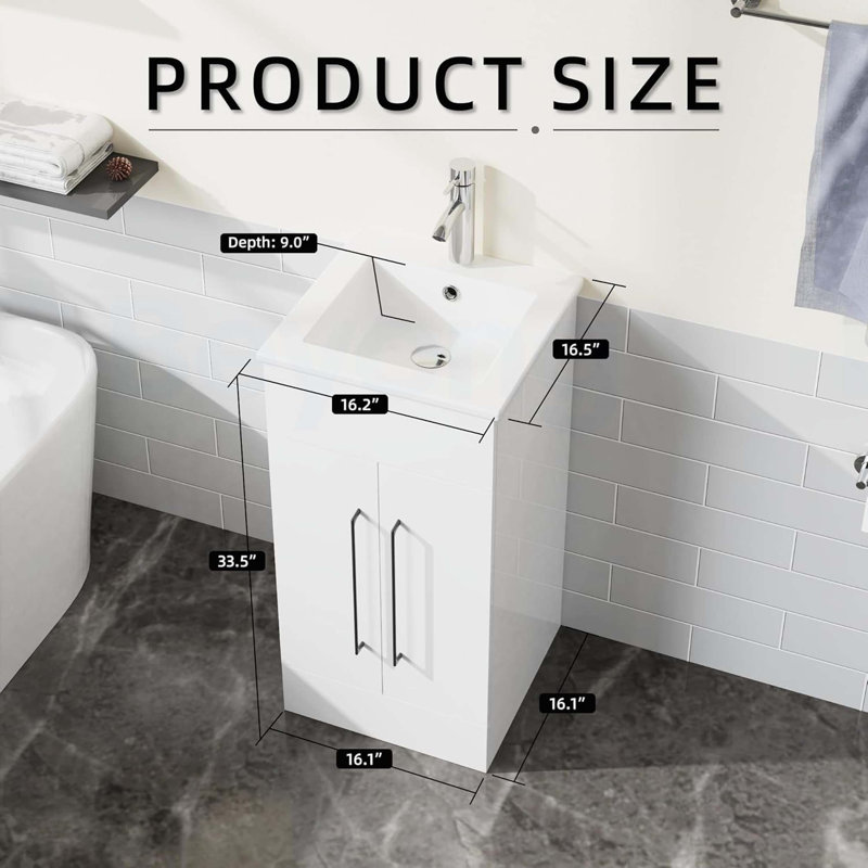 16in Small Bathroom Vanity with Single Sink, Freestanding Modern Cabinet and White Drop-in Sink, 2 Doors for Ample Storage, White