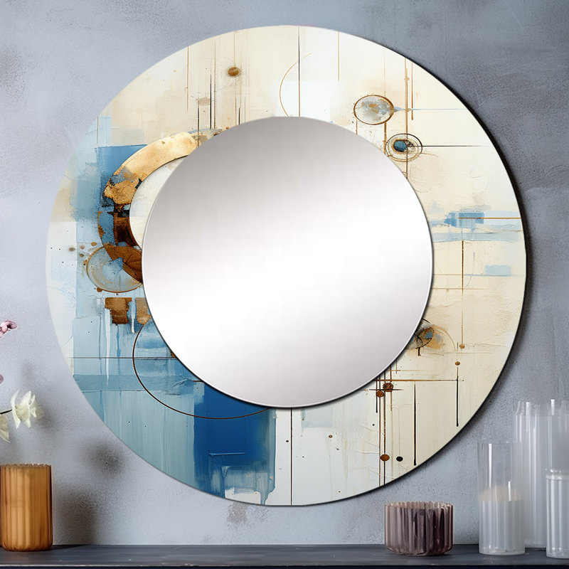Minimalism Astrology Grunge Collage IV - Astrology Mirror, Blue Round Decorative Wall Mirror, Printed Metal Art, 36" x 36"