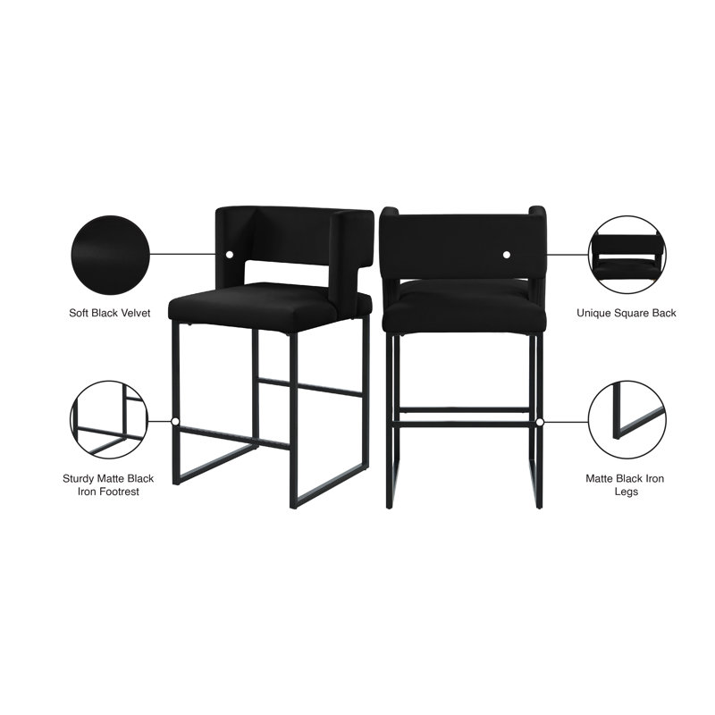 Caleb 26" Counter Stool, Black Velvet, Matte Black